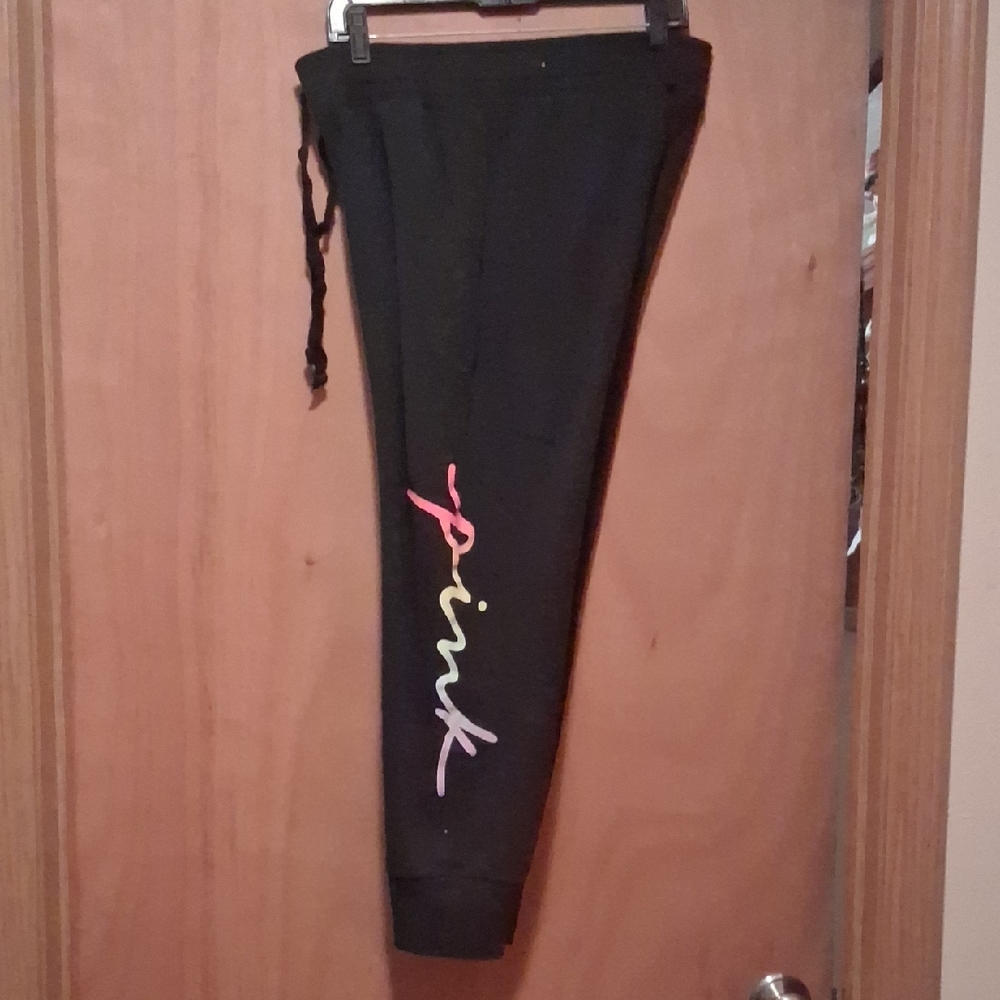 PINK Victoria's Secret Black Joggers with Colorful Logo
